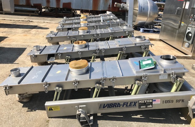 (6) used Meyer Ind. Vibrating Conveyor/Feeders. Model VF11-18-6. Bed is approx. 18